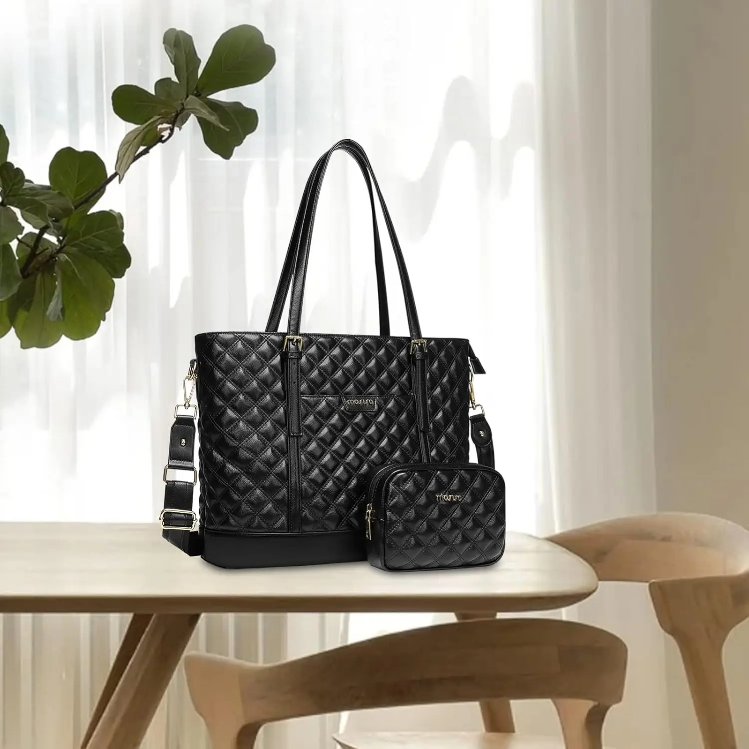 MOSISO Laptop Tote Bag for Women 15.6 inch Briefcase Bag Large Capacity Rhombus Quilted Leather Laptop Bag with Small Purse