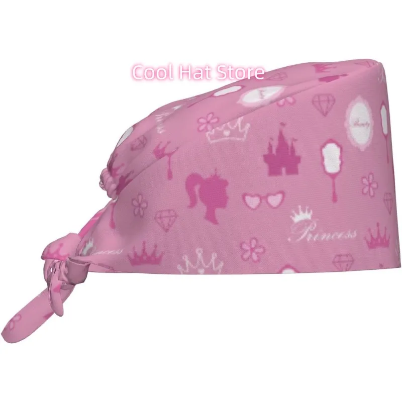 Pink Crown Working Cap Scrub Cap with Sweatband Adjustable Unisex Women Tie Back Hat Nurse Caps