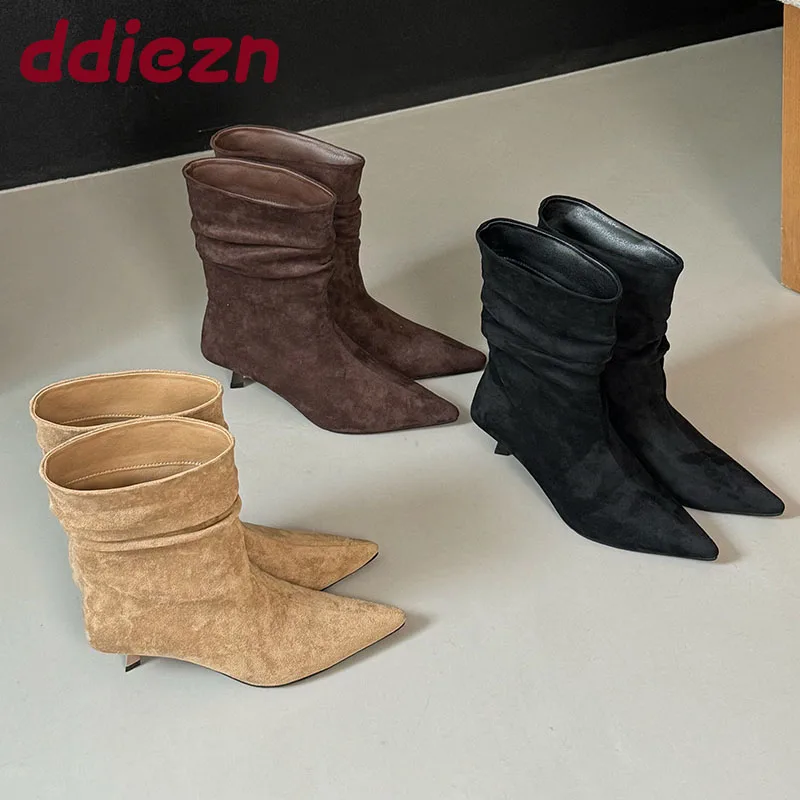 

Модная обувь на каблуке, женские современные ботильоны, туфли без шнуровки, женские плиссированные женские короткие ботинки с острым носком, туфли-лодочки