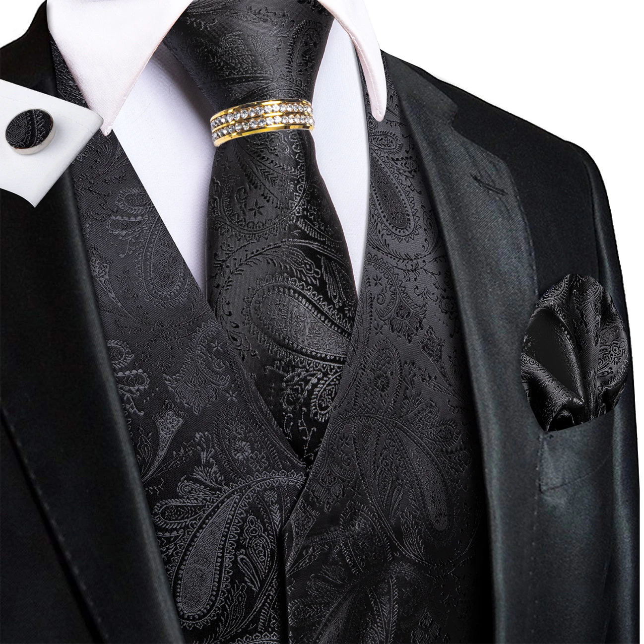 Solid Black Paisley V-Neck Vest Accessory Kit Tie Pocket Square Cufflinks Ring For Business Annual Event