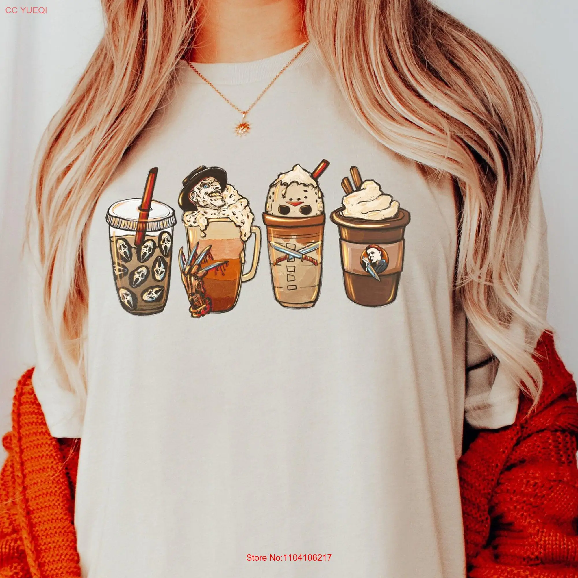 Halloween T Shirt Fall Coffee Lover Retro long or short sleeves