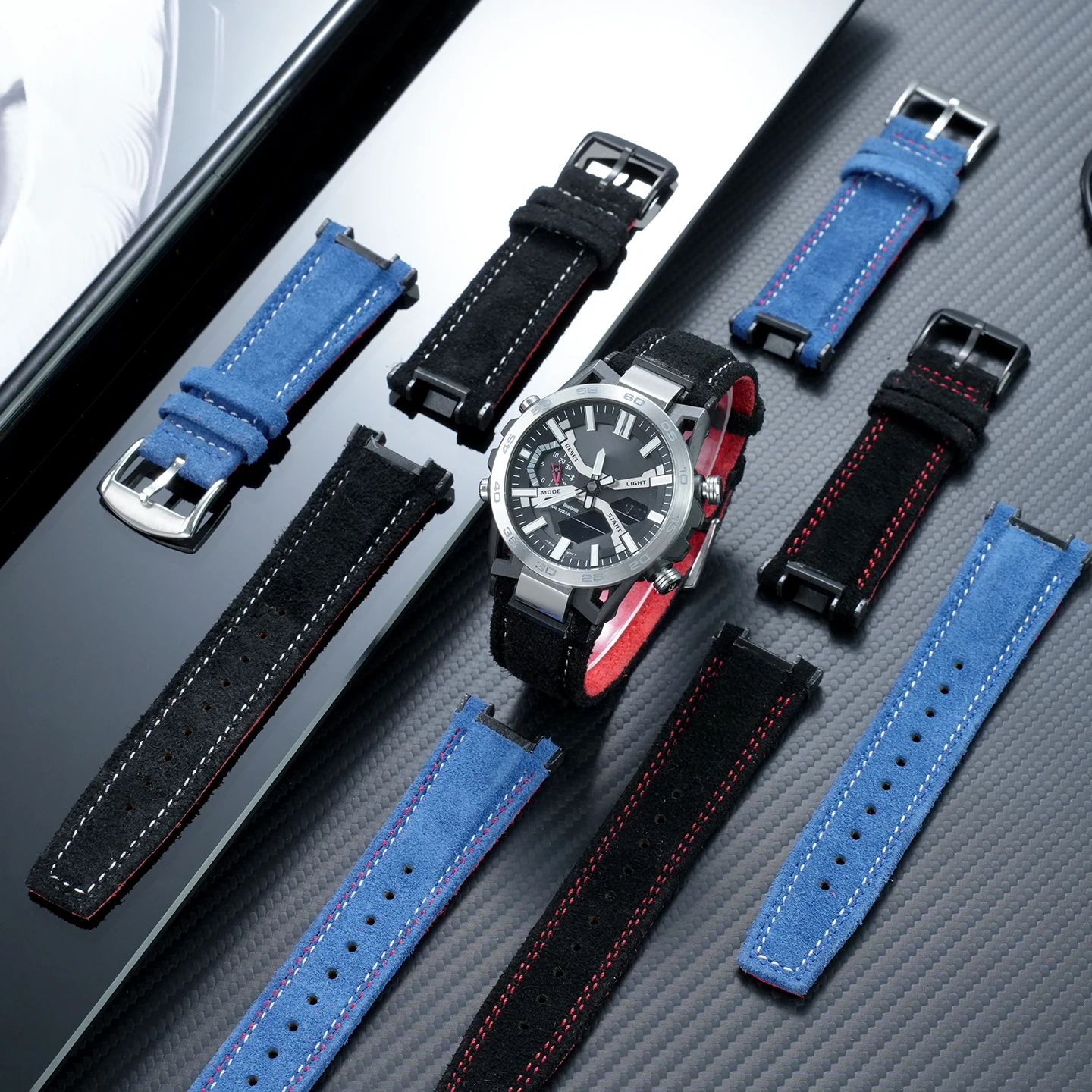 Replacement Soft cowhide Leather Strap for Casio Edifice Honda Racing ECB-2000HR & EFS-S64 Series,Sporty Upgrade Watch Band