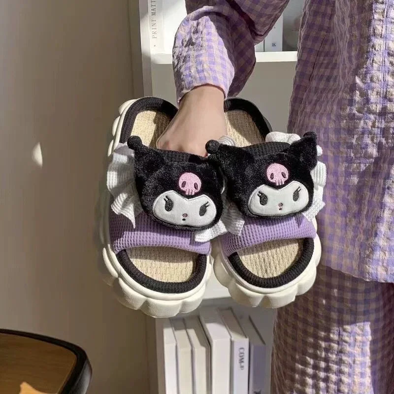 Sanrio  Linen Slippers Hello Kittys Kuromi Cute Student Autumn Winter Bedroom Soft Bottom Bedroom Aldult Shoes Girls Xmas