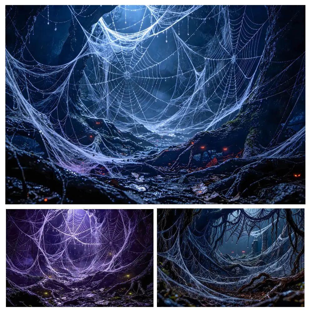 Halloween Photography Background Night Forest Spider Web Baby Kids Adult Family Portrait Feastival Party Photoshoot Backdrop
