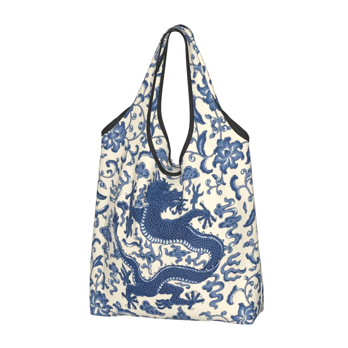 Fashion Printed Blue Indigo Chinoiserie Chien Dragon Tote Shopping Bag Portable Shoulder Shopper Oriental Style Handbag