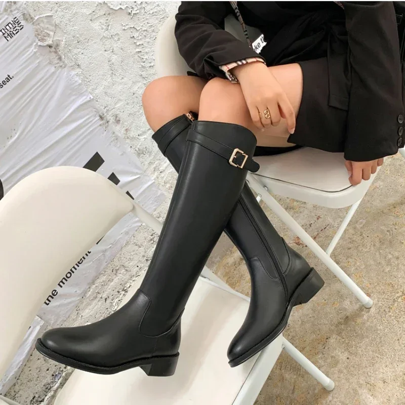 Women Low Heeled  Knee High Boots Autumn Winter New Design Soft Leather Knight Boots Fashion Round Toe Warm Botas Botas De Mujer