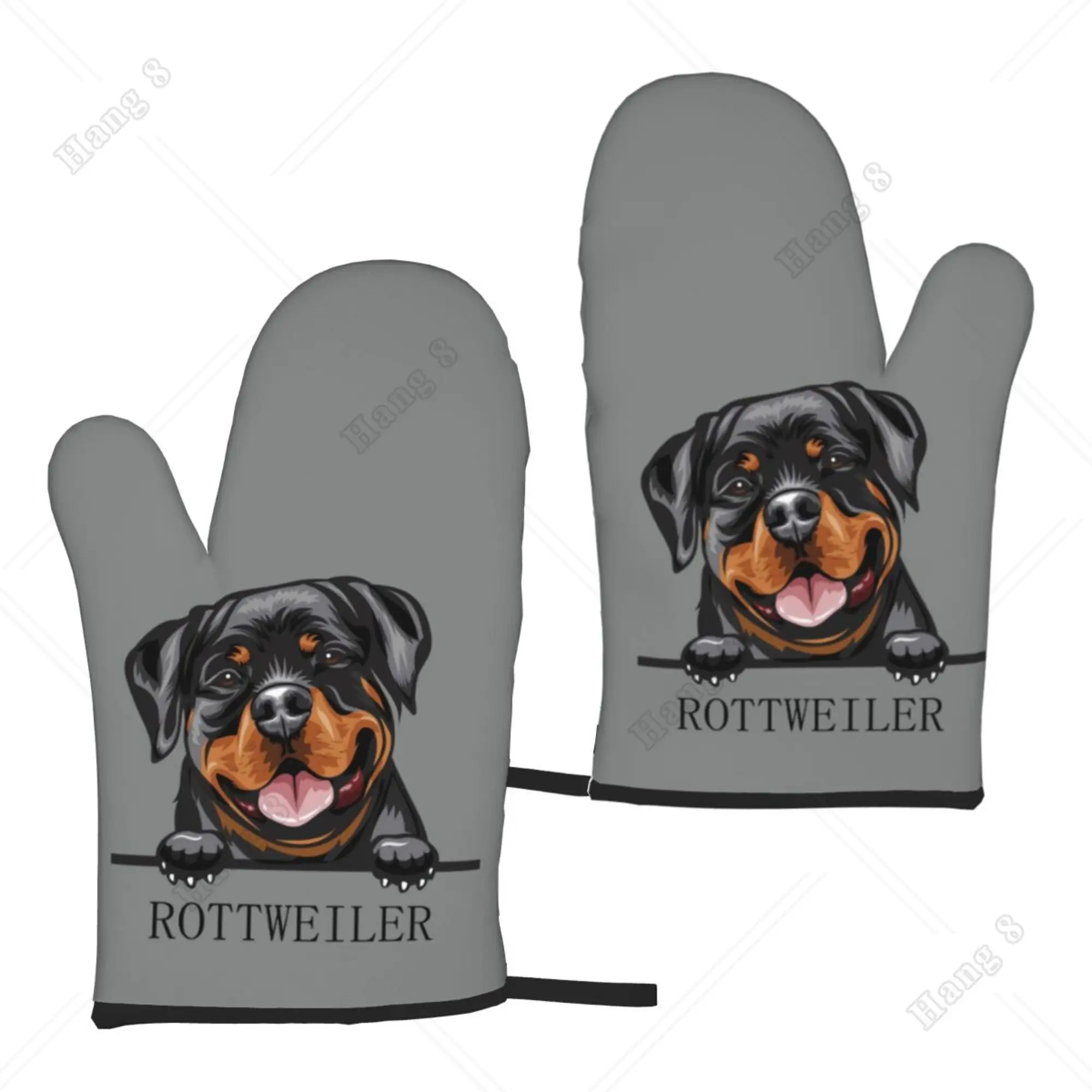 Cute Rottweiler Dog Grey Oven Gloves for Women Men Oven Mitts 2PC for Cooking Baking BBQ One Size Heat Ressitant Waterproof