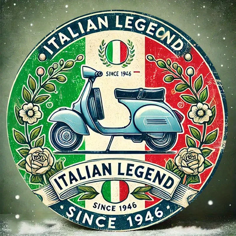 2D Flat, 1pc Italian Legend Scooter 1946 Round Metal Sign - Vintage Retro Wall Art with Italian Flag Colors, Durable Iron Plaque
