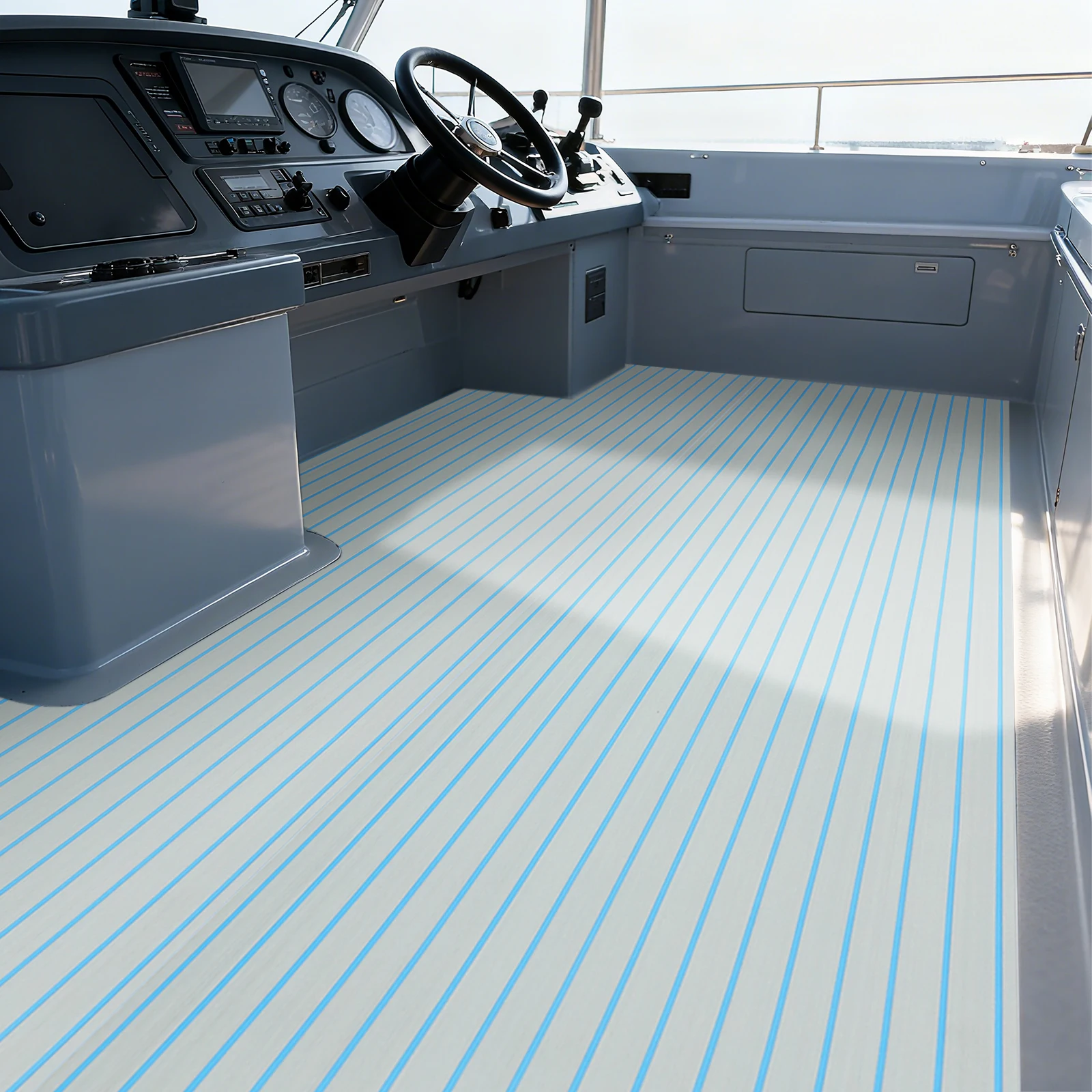 EVA Foam Teak Floor, Striped Marine Flooring Mat, Non-Slip RV Deck Pad, 240x60cm Grey Blue, DIY Cuttable, Waterproof,  Decorative Anti-Slip Sheet
