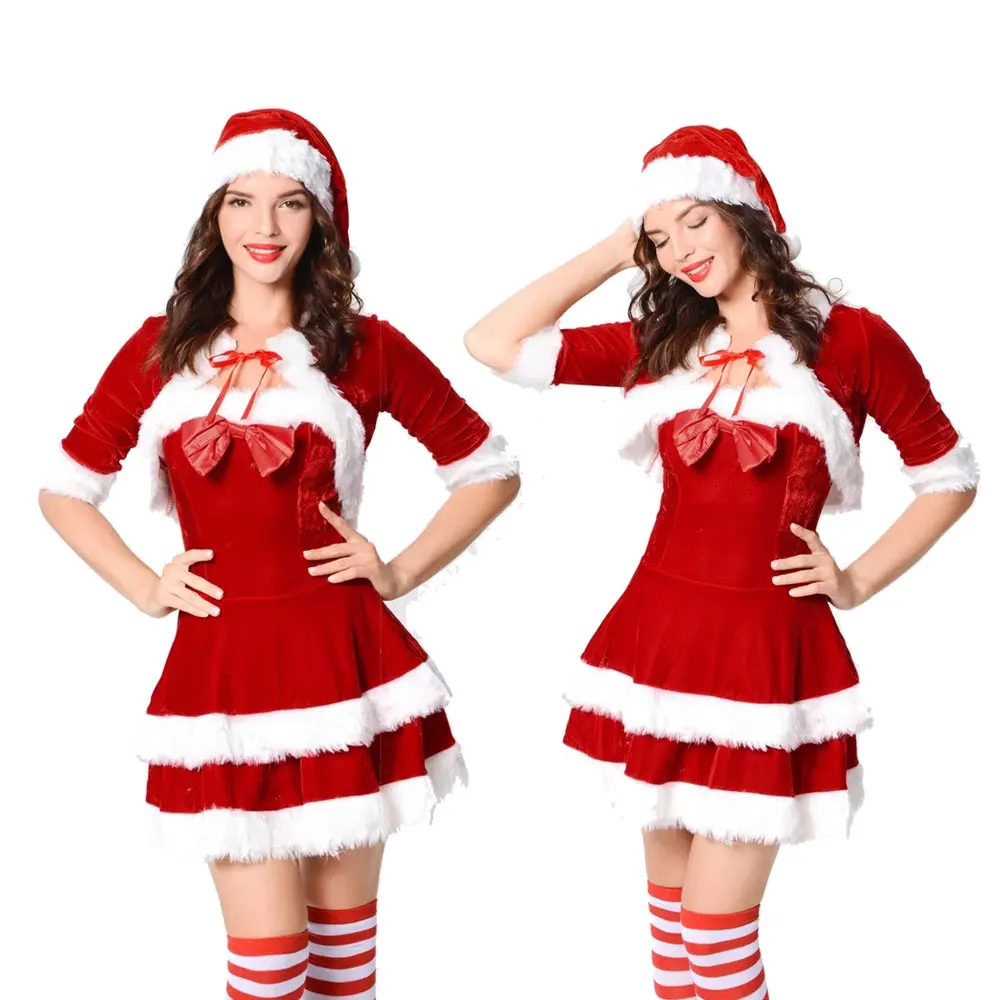 

Women Christmas Costume Cosplay Santa Claus Outfits Xmas Sexy Shawl Hat Dress Set Christmas Party Masquerade Dress