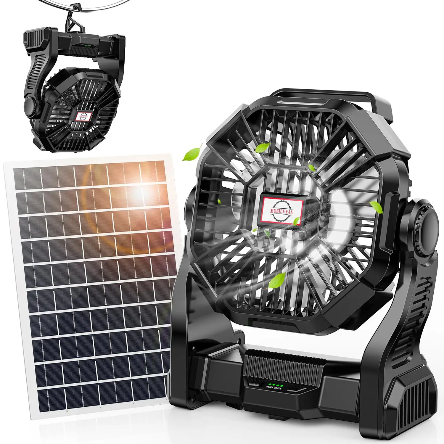

Portable camping fan with solar panels, LED lights, rechargeable battery power supply, USB charging, strong wind, hook design, t