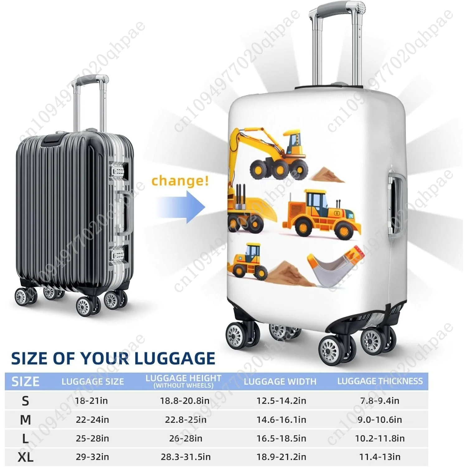 COPERTURA per valigia per bagagli Macchinari Escavatore Camion e caricatore, COPERTURA per valigie giocattolo per cartoni animati Elastico, M - Adatto per bagagli da 22-24 pollici (N