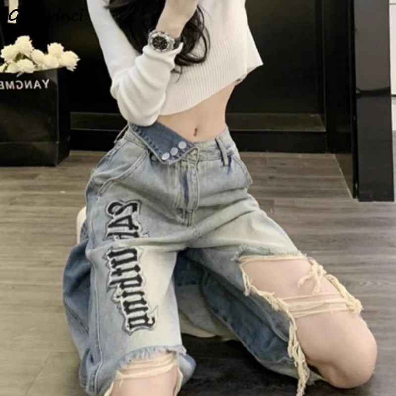 

Hole Jeans Women Appliques Summer New Fashion Students Chic All-match Washed Wide Leg Pants Letter Pattern Loose High Waist