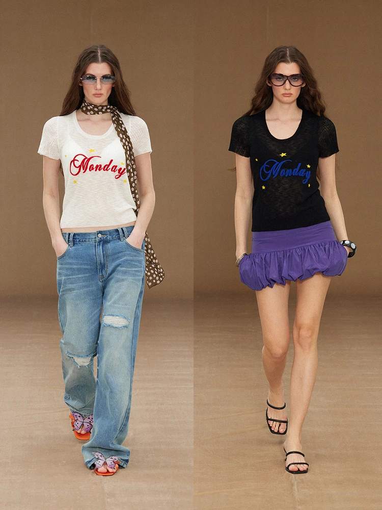 

Randpiee Knitted T-irt Embroidered Bamboo Fiber ort Sve round Ne Letter Pattern Women's Summer Cool Feeling Top