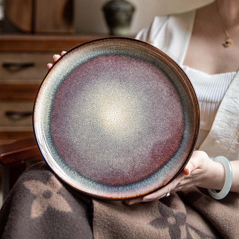 Reactive Glaze Ceramic Dinner Plate Vintage Steak Plate Round Serving Dish Japanese Style Restaurant Tableware