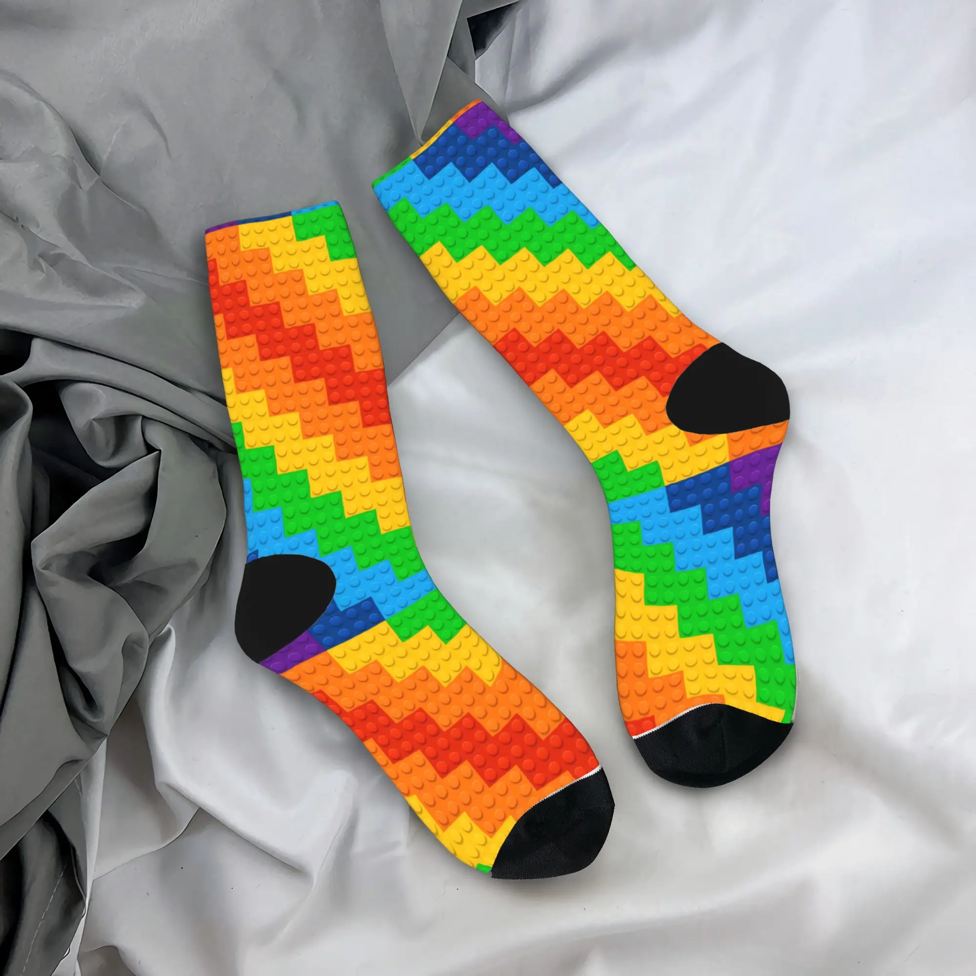 Rainbow Gradient Building Blocks Print Stockings Men's  Socks Soft Korean Socks Winter Climbing Anti Slip Graphic Socks Gift