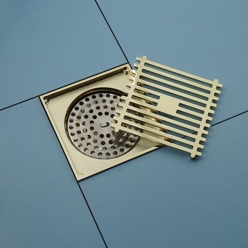 Black Golden Bathroom Square Shower Drain Brass Floor Drainer Trap Waste Grate Cover Hair Strainer Floor Water Drainage 4 Inch