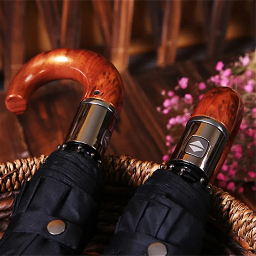 British Style Automatic Rain Umbrella Wood Handle Business Men\'s Gift Windproof Umbrellas Women 3Fold Quality Male Parasol