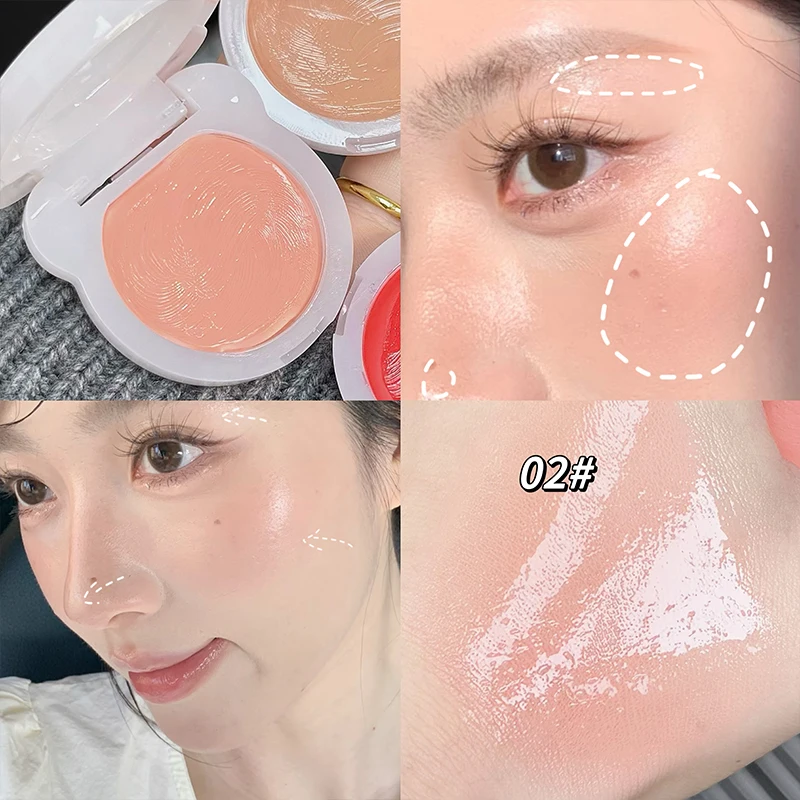 QIBEST Face Blush Hydrating Cream Makeup Natural Smudge Watery Moisturizing Blush Palette Cheek Tint Highlighter Cosmetics