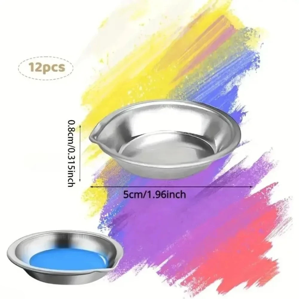 12Pcs Stainless Steel Makeup & Paint Mixing Palette, Small Round Watercolor Art Tray for Artist Cosmetic Pigment Blending
