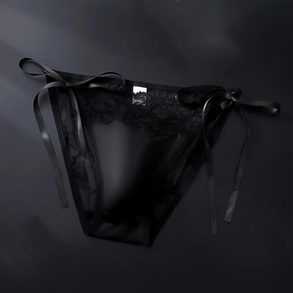 Men's Ice Silk Briefs With 3D Pouch And Bow Lace, Smooth Satin Mid-Waist Underpants, Breathable Solid Color Lingerie For Men