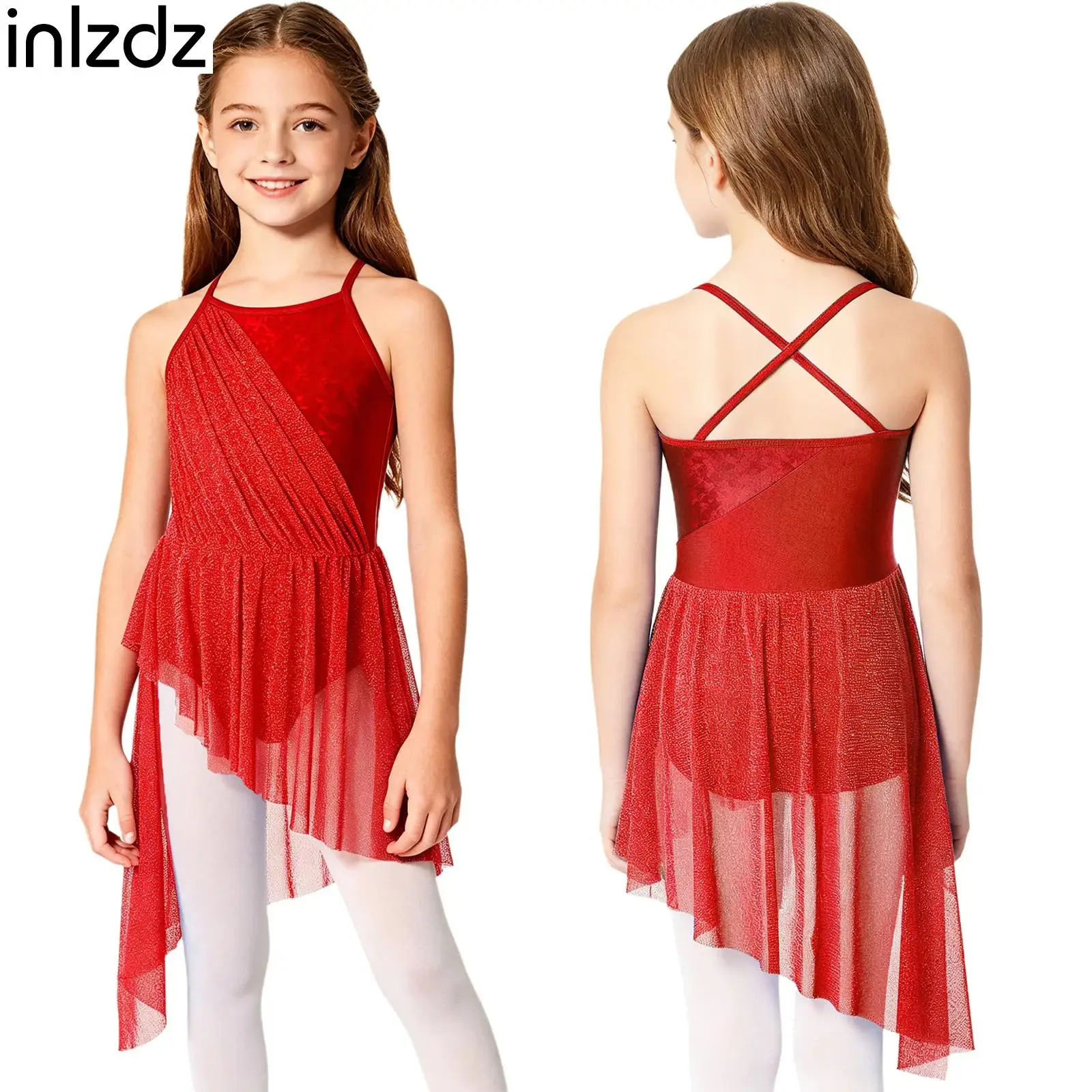 Kids Tango Salsa Latin Dance Performance Dress Girl Sleeveless Spaghetti Straps Shimmery Mesh Asymmetrical Dresses Ballet Outfit