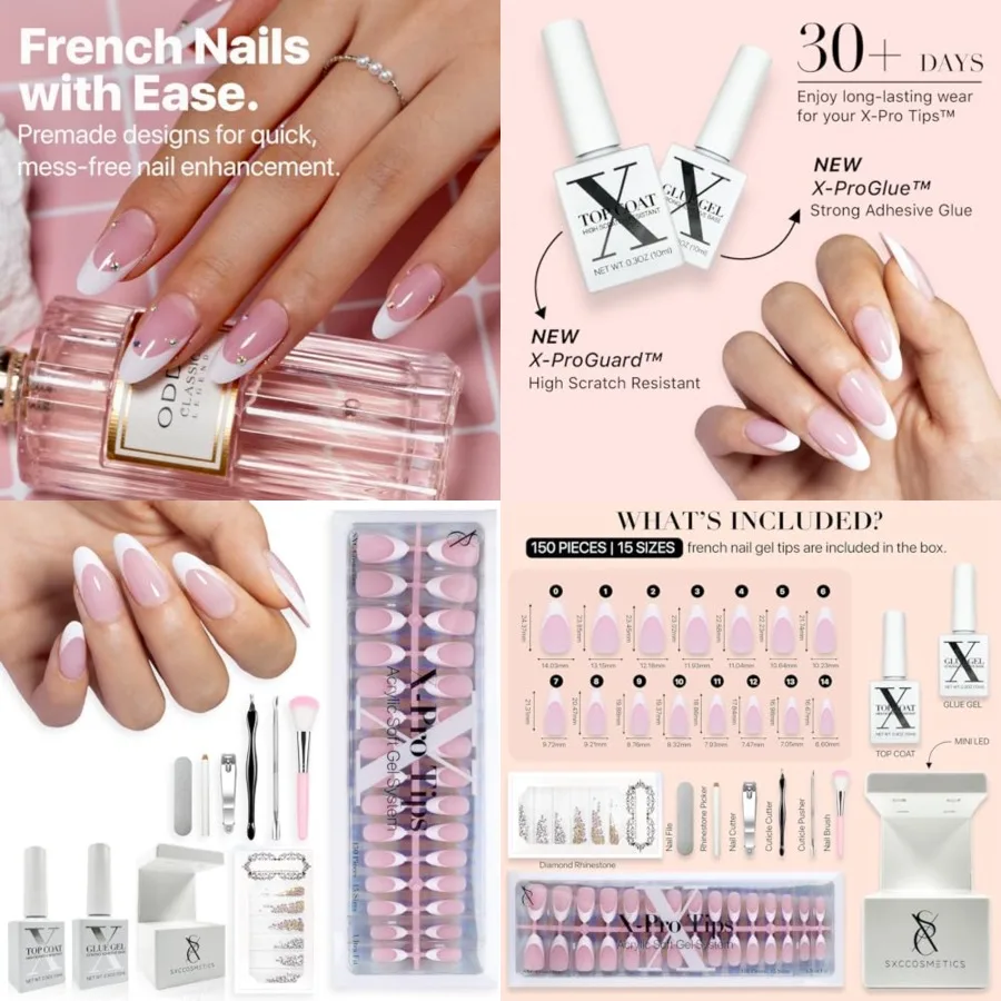 

Cosmetics French Tip Press On Nails – Pink Series, Medium Almond Fake Nails X-Pro Tips Starter Kit | 150PCS, 15 Sizes, 5 Styles