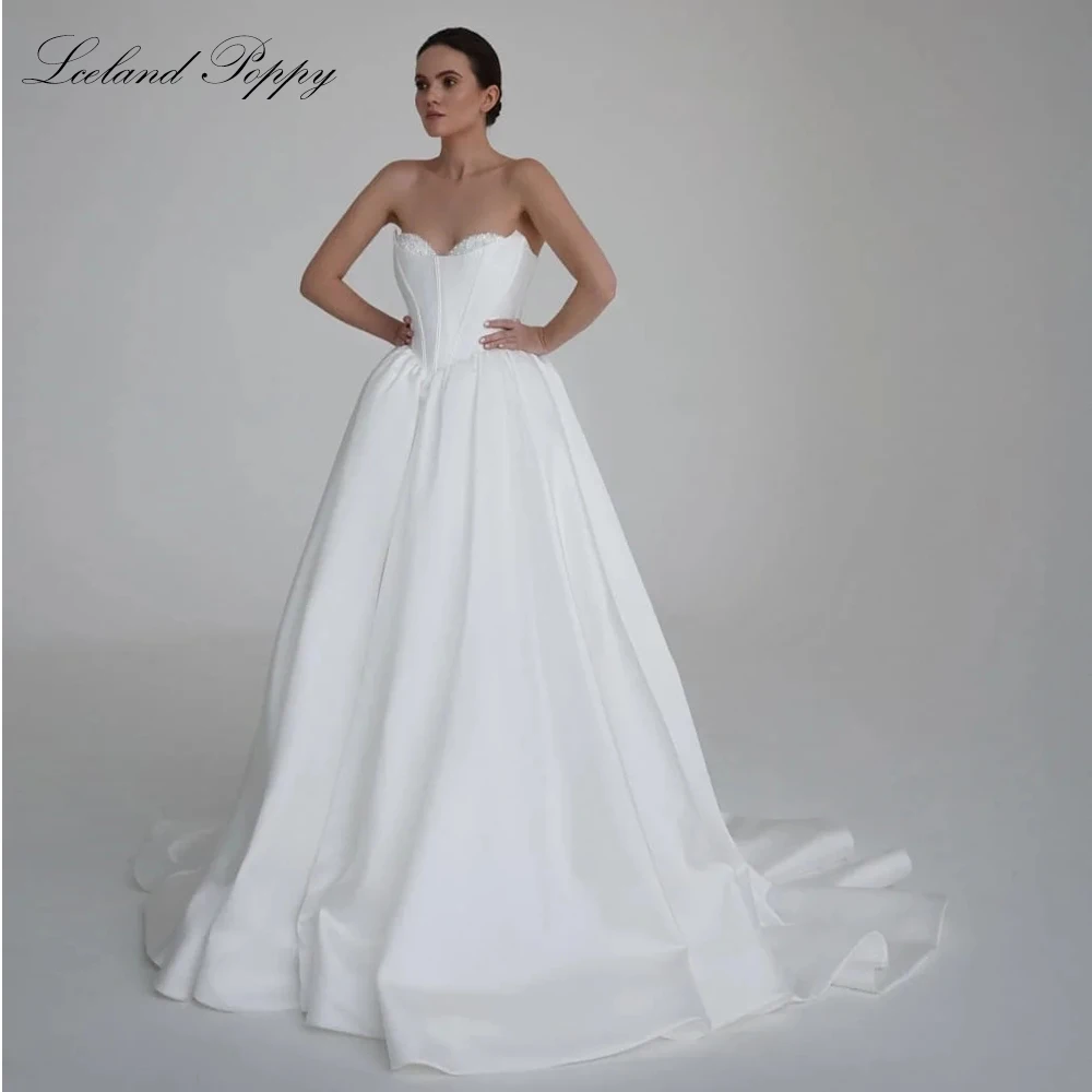 Lceland Poppy Customized A Line Strapless Satin Wedding Dresses Pearls Beaded Bridal Gowns with Court Train