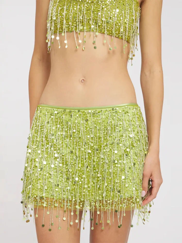 DFDG Dames Lente Limoengroen Pailletten Tweedelige set Cami Top Kwastje Detail Rok Feest Clubwear 2026 Trendy Vrouwelijke Modeset