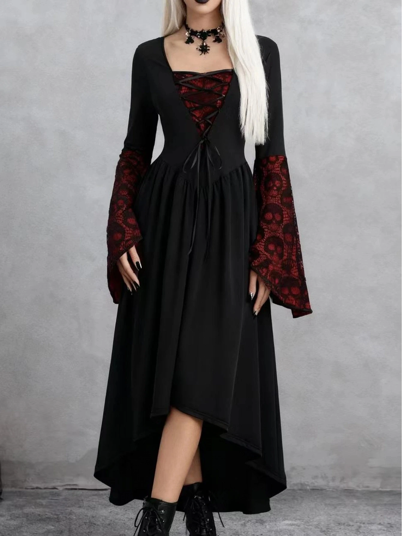 Gothic Vintage Punk Sexy Slim Spitze Patchwork Europäischen Stil Retro Kleid Halloween Langes Kleid