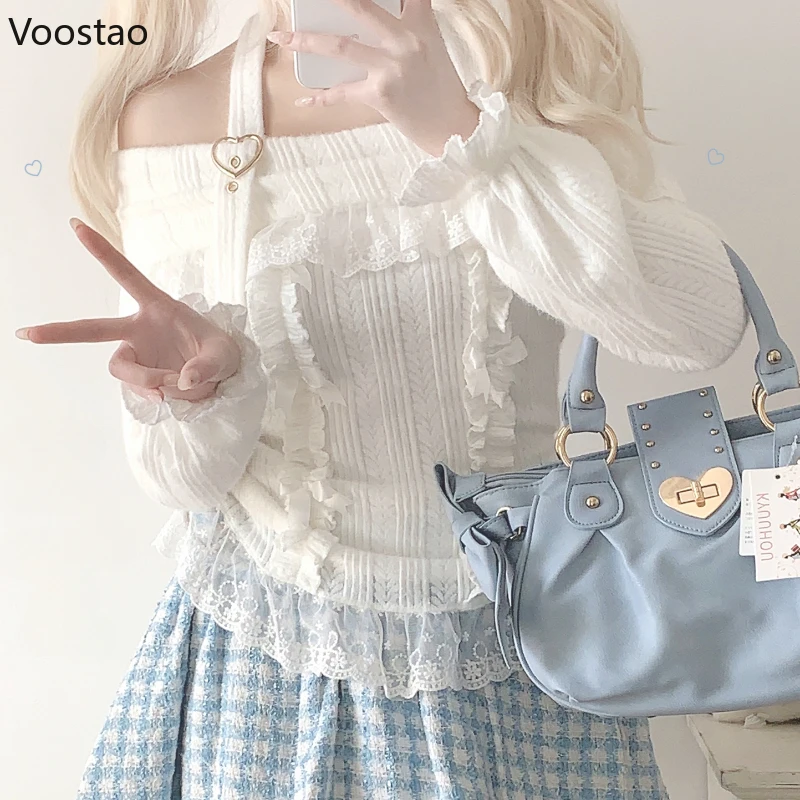 Vintage Kawaii Lolita Style Knitted Pullover Women Elegant Slash Neck Off Shoulder Bow Lace Ruffles Sweater Women Knitwear Tops