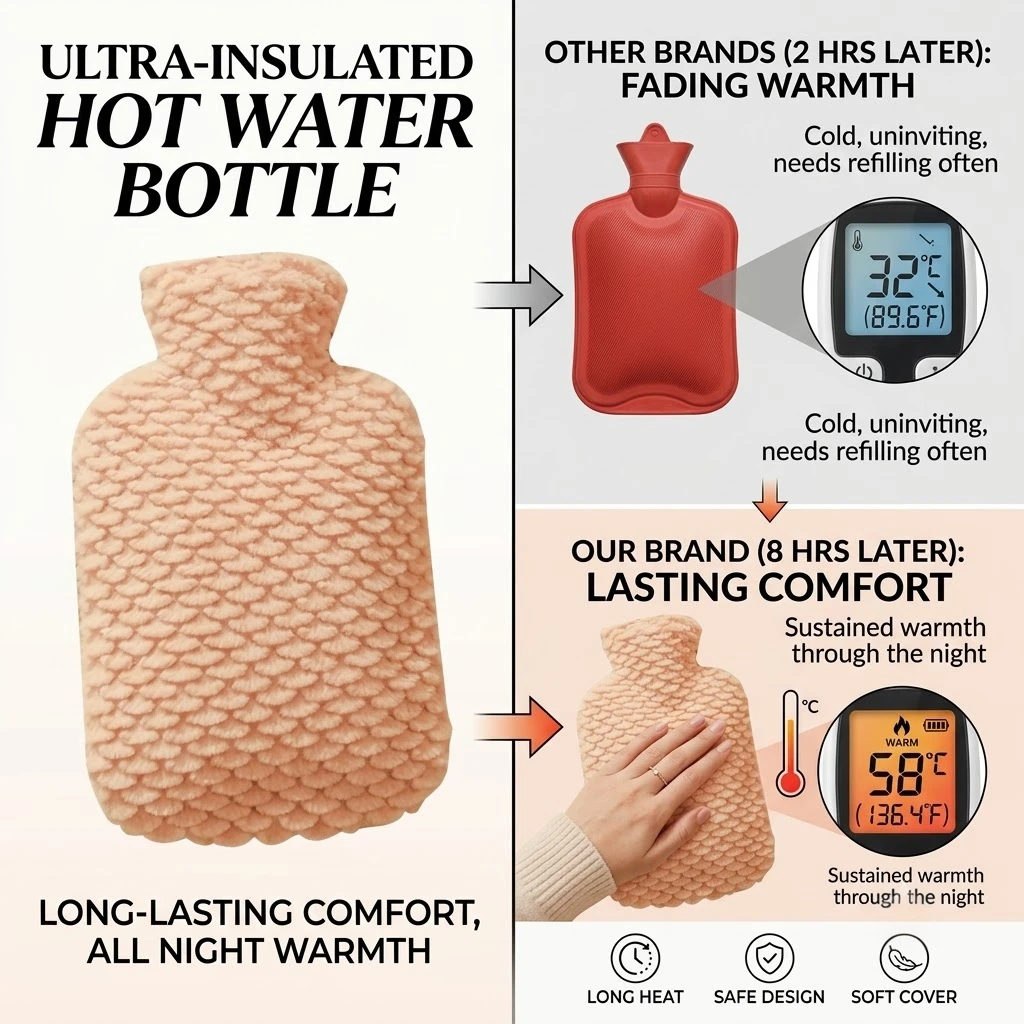 Hot Water Bottle with Detachable Washable Cover, Leakproof Warm Water Bag for Menstrual Cramps, Hand Feet Warmer Pain Relief for Winter Home Office