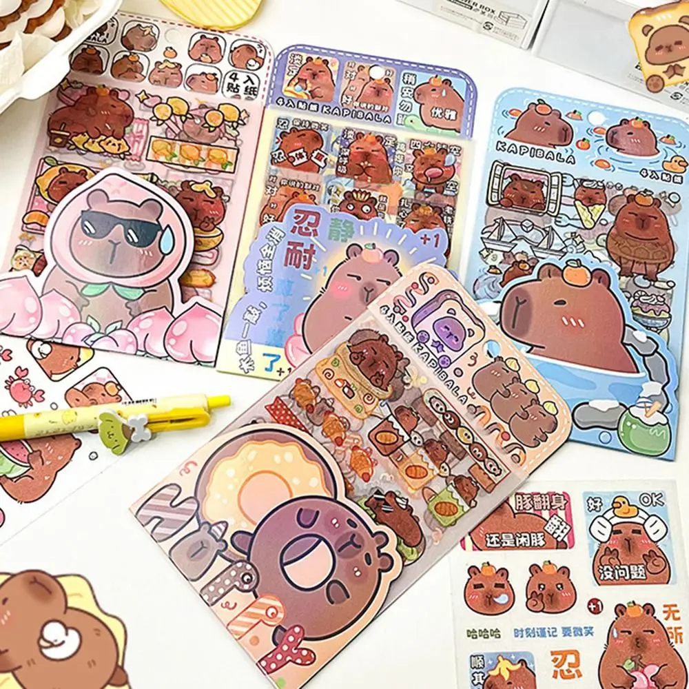 4 Pcs/bag Cartoon Capybara Sticker Waterproof PET DIY Cute Kid Creative Stationery Handbook Sticker Gift