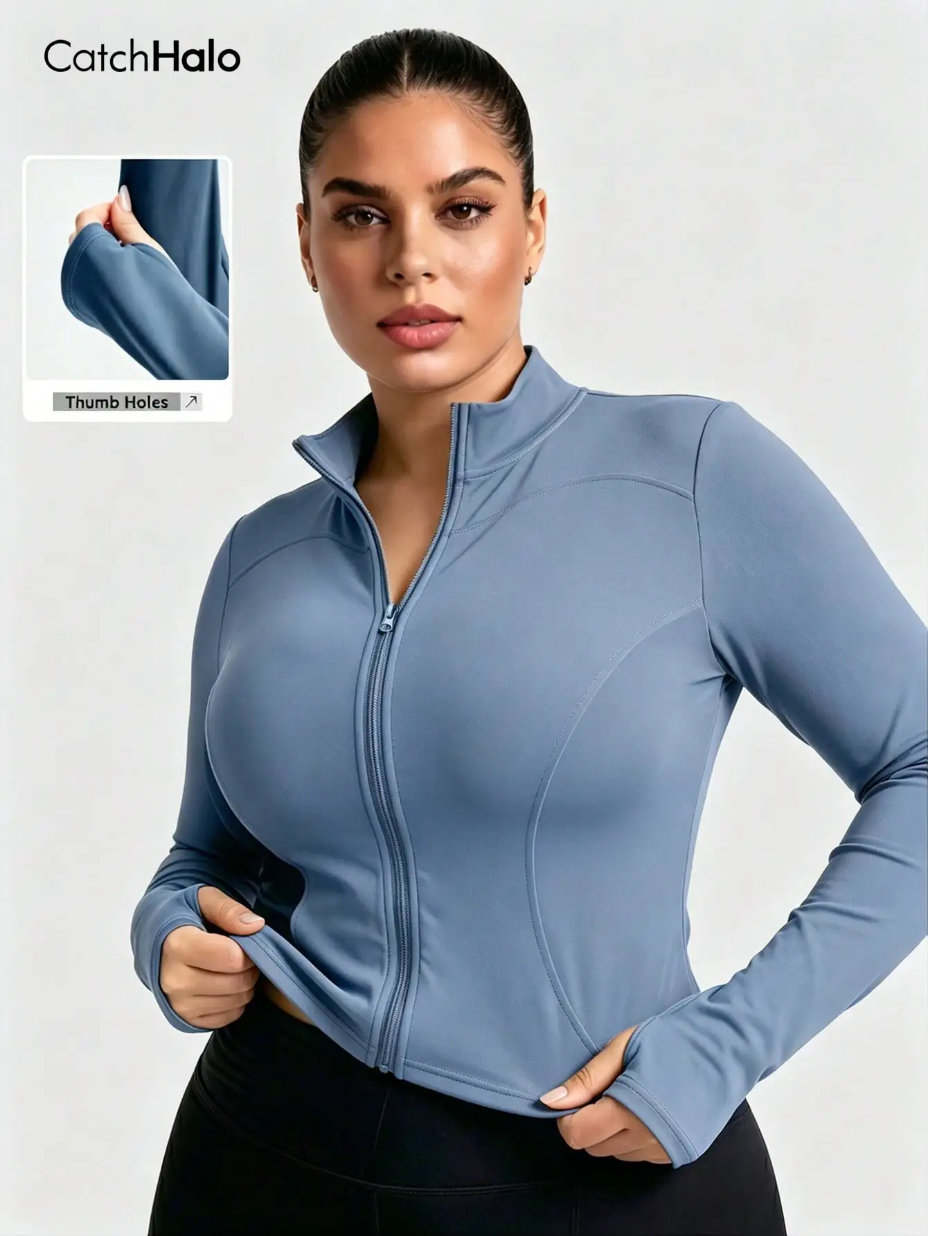 Plus Size Women Slim Fit Yoga Jacket Full Zip Sports Coat High Stretch Gym Workout Top Long Sleeve Solid Color Activewear