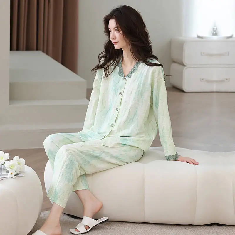 

Комплекты пижам в корейском стиле для женщин: очаровательные домашние пижамы оверсайз с коротким рукавом, на пуговицах, с длинными брюками, весенние, унисекс