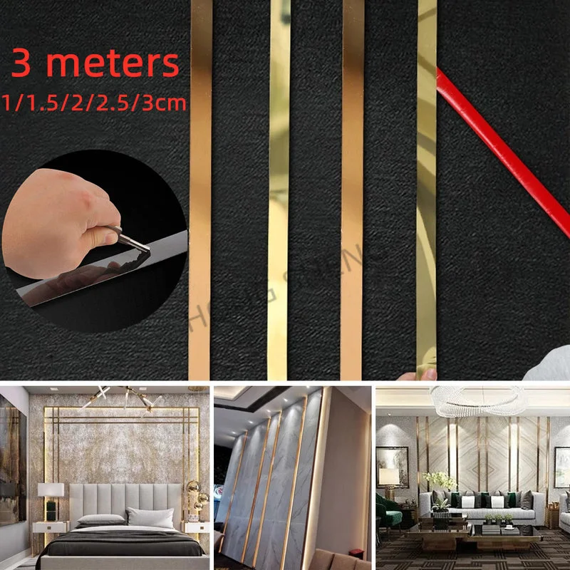 3M Mirror Stainless Steel Flat Decorative Line Self-adhesive TV Background Wall Ceiling Edging Strip Titanium Gold Wall Sticker