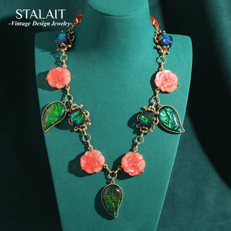 

Bohemia Pink Rose Green Resin Leaf Pendant Necklace Fairy Choker Chain Antique Jewelry Vintage for Woman Accessories 2025 New