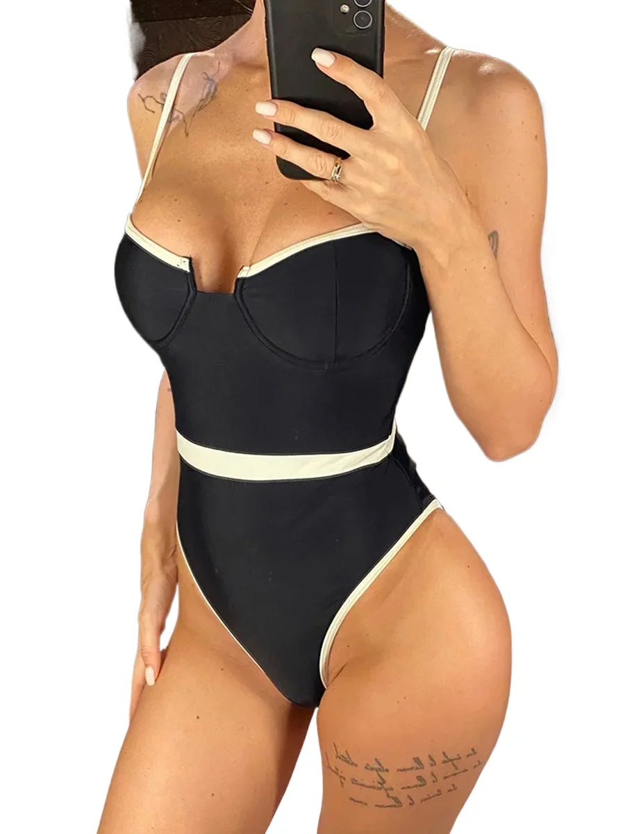 

2026 Тонкий женский купальник на косточках, цельный купальник, женский купальный костюм с высоким вырезом, купальный костюм, летняя пляжная одежда