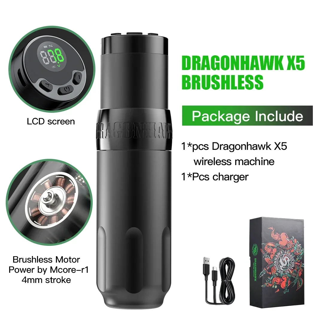 Dragonhawk X5 Rotary Tattoo Machine Brushless Motor 4.0mm Stroke 1600mAh Battery Capacity Tattoo Wireless Machine