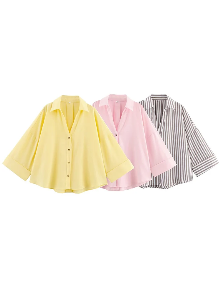 

TFMLN New Women Casual Lapel Shirts Vintage Loose Long Sleeve Blouse V-neck Lady Oversized Tops Elegant Summer Chic Outfit