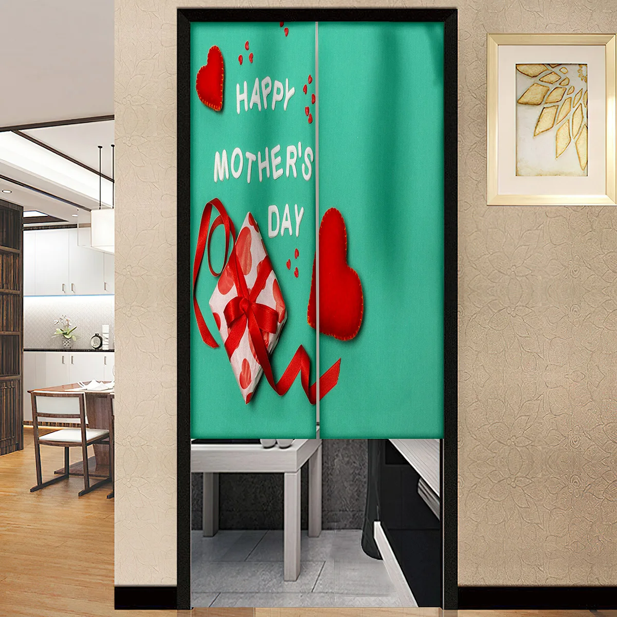 Roses Wood Planks Red Heart Japanese Door Curtain Kitchen No Punching Partition Drapes Restaurant Entrance Hanging Half-Curtain