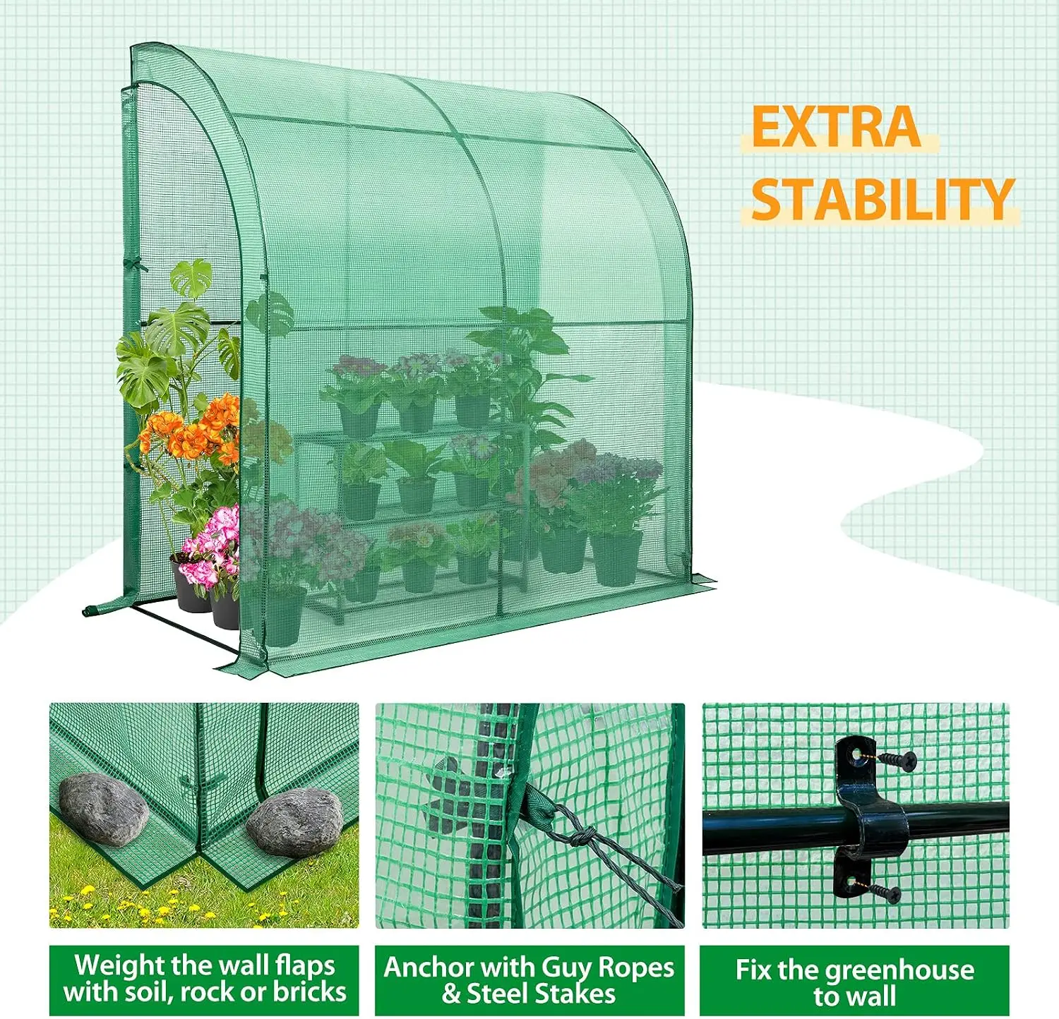 Lean-To Greenhouse for Outdoor Use, 79 x 39 x 83 Inches, Clear/Green PE