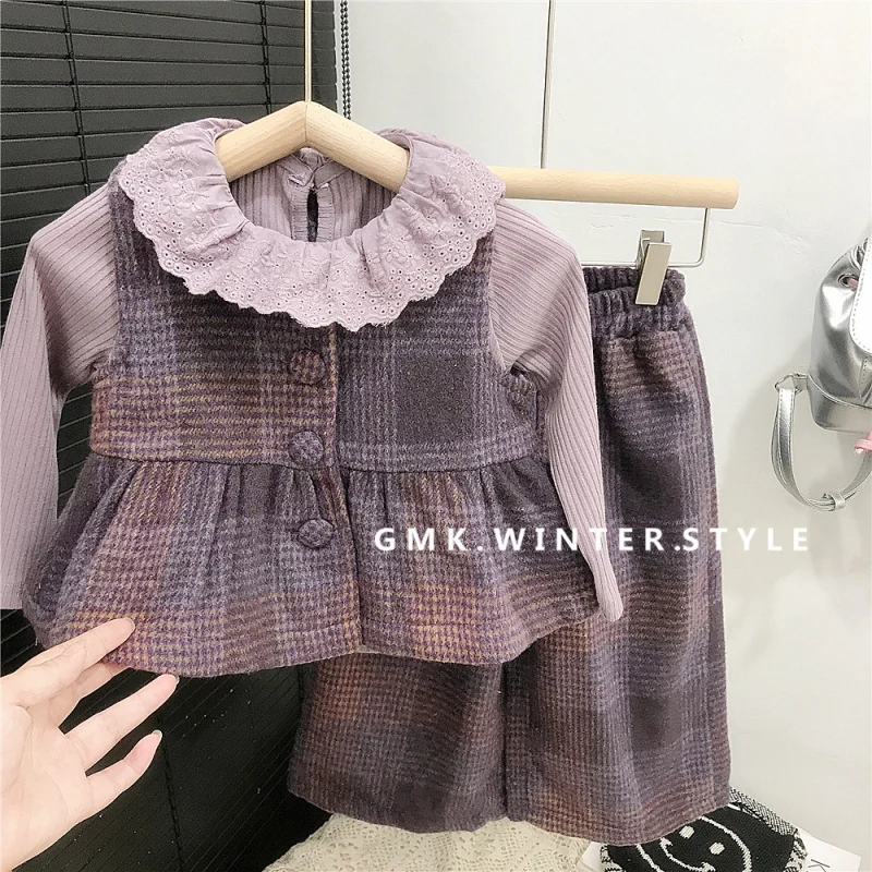 

Girls' Outfit Spring and Autumn New Fashionable Children's Stylish Baby Girl Autumn Woolen Plaid Three-Piece Set