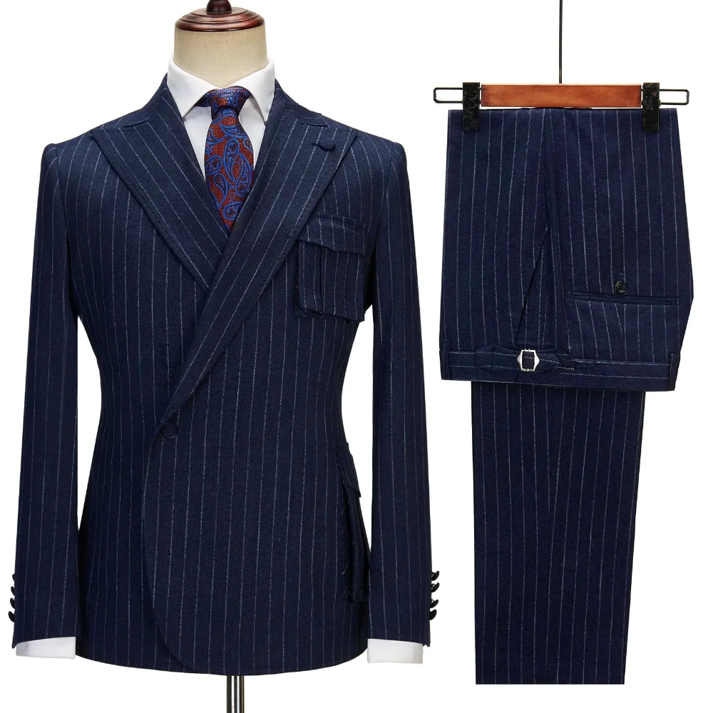 

Fashion 3D Pocket Pinstripe Men Suits Slim Chic Peak Lapel Single Button Outfits Business Casual Office Male Suit (Jacket+Pants)