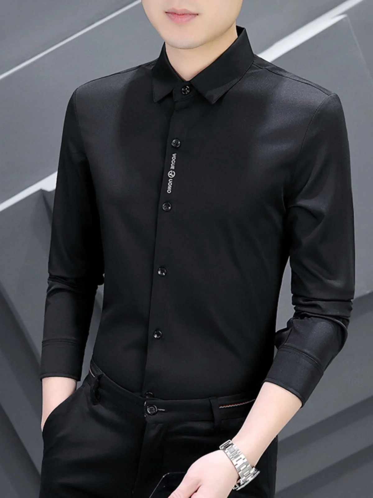 

Spring Autumn New Long Sleeve Men's Business Casual Fashion Letter Embroidery Shirt Anti-Wrinkle Pure Black Casual Shirt