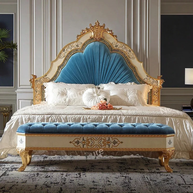 custom.French Luxury Blue Bedroom Furniture King Size Solid Wood Bed Home Appliance Hotel Hospital Reminiscent Princess Be