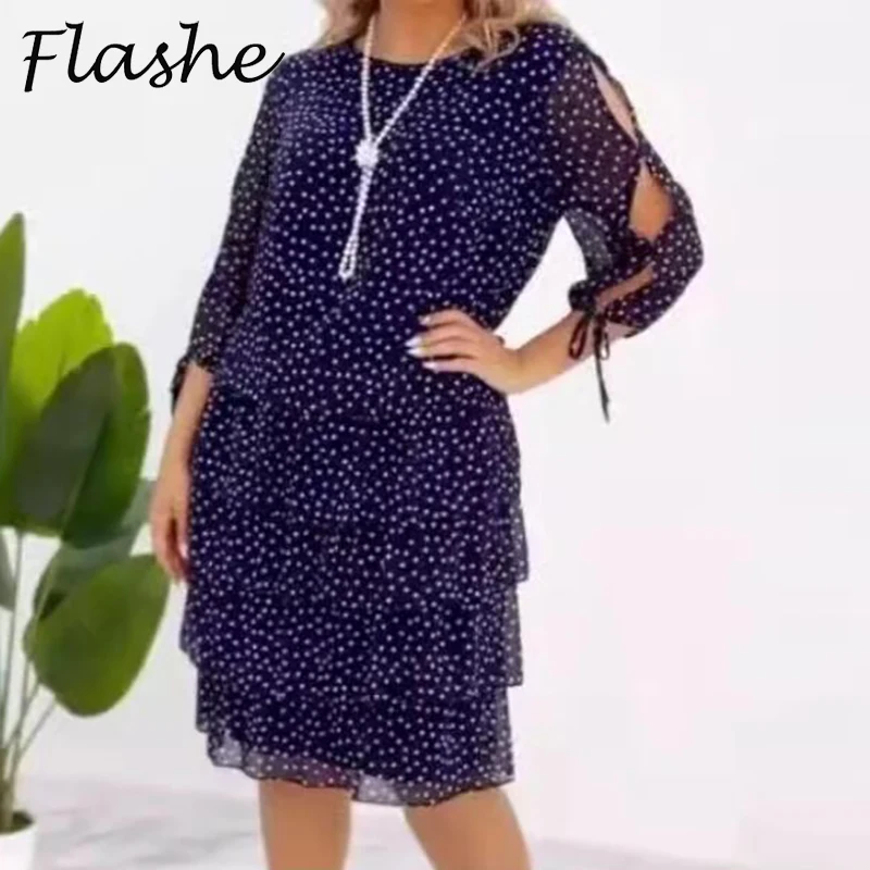 

Plus Size Women Dress Short Sleeve Dot Printed Loose Party Dress Women Casual Pleated Design Holiday Summer Midi Dress