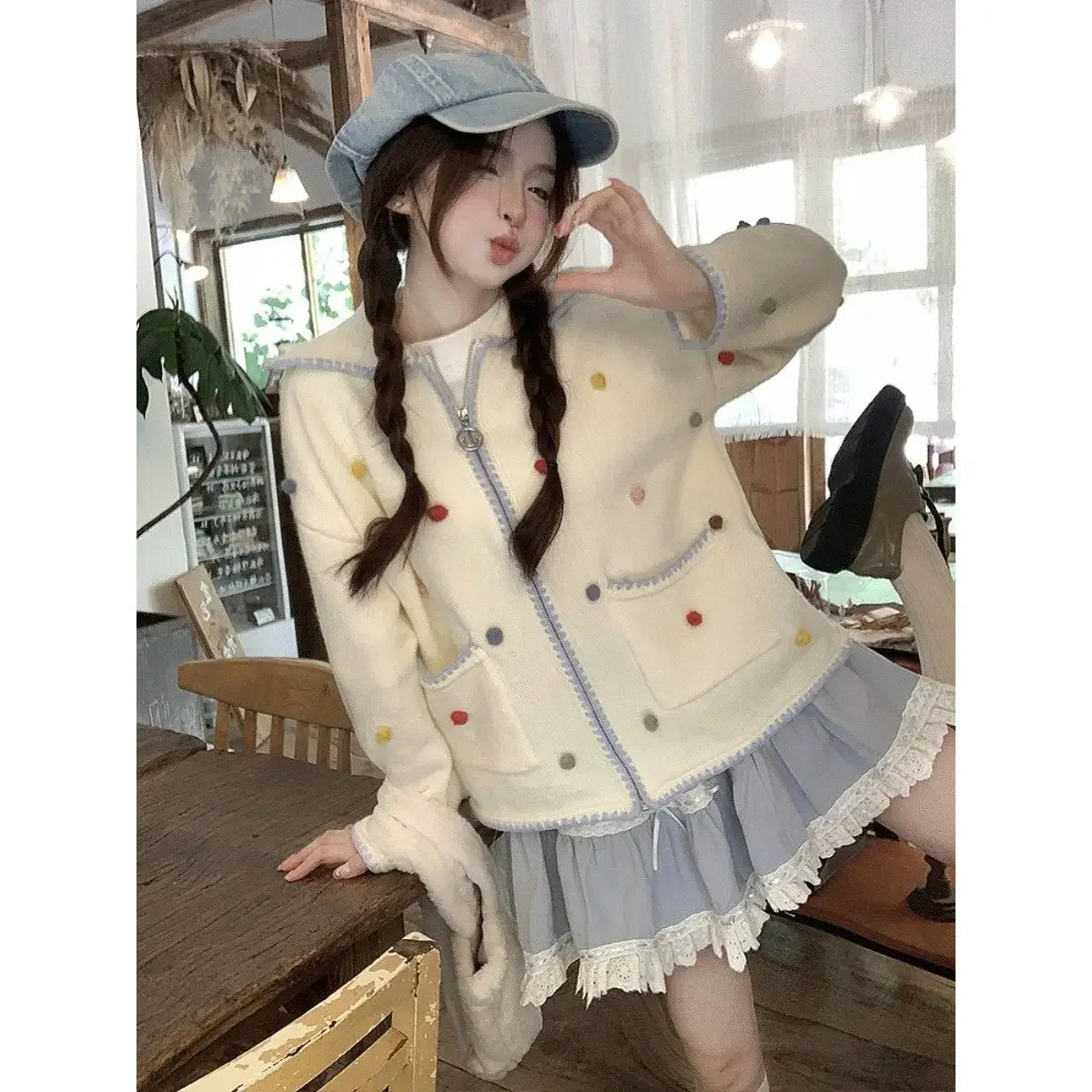 Korean Sweet Three-dimensional Handmade Colored Ball Lapel Sweater Cardigan Early Autumn New Age-reducing Loose Coat Woman