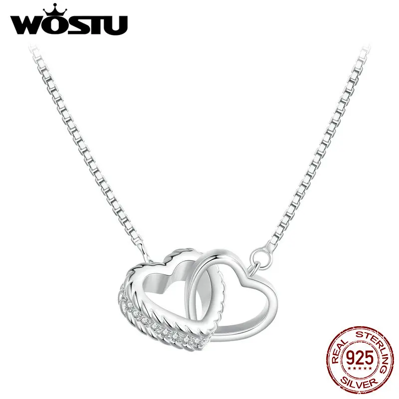 WOSTU 925 Sterling Silver Double Love Heart Zircon Pendant Necklace 18K Gold Connected Chain Necklaces Women Party Jewelry Gift