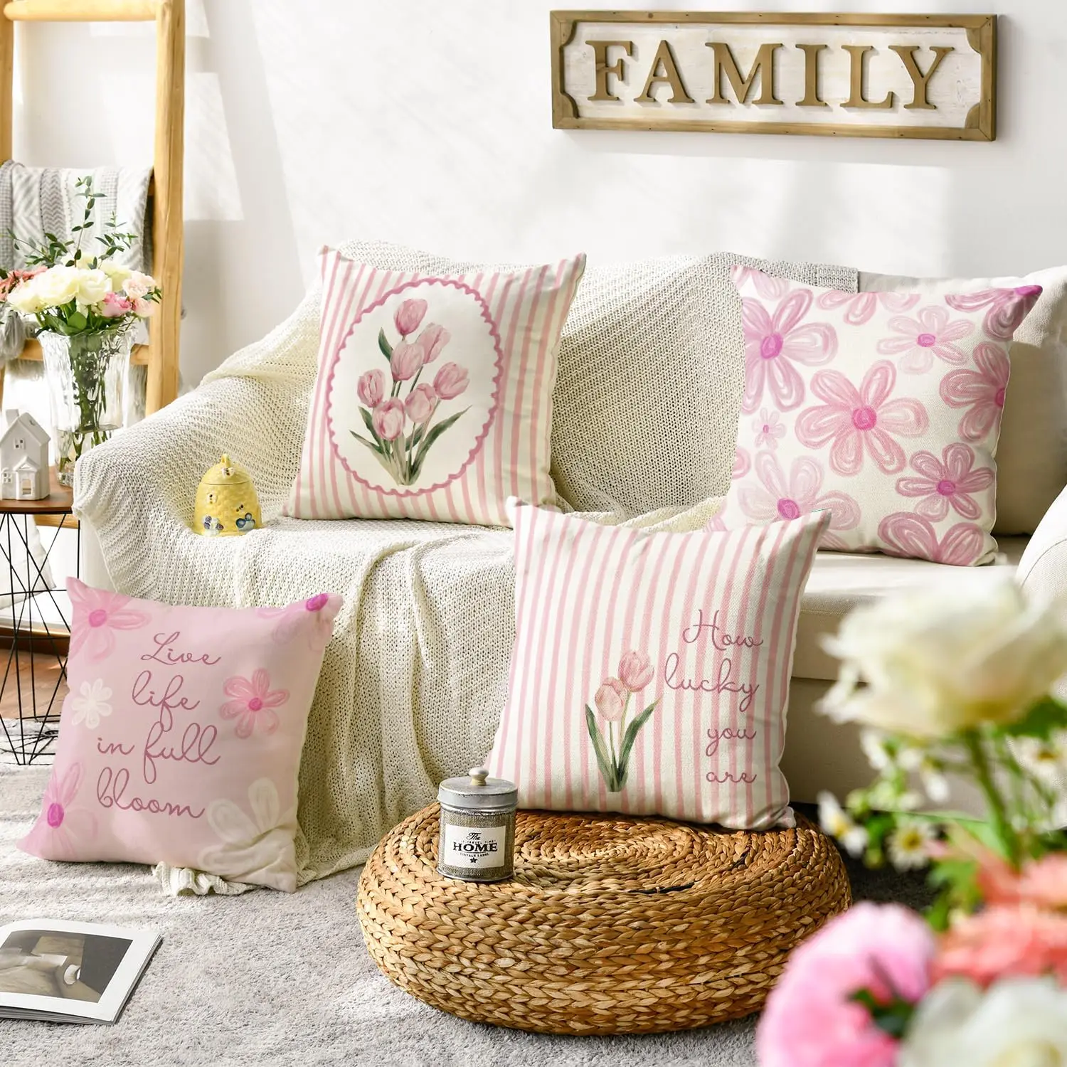 4Pcs Pink Floral Tulip Throw Pillow Covers 